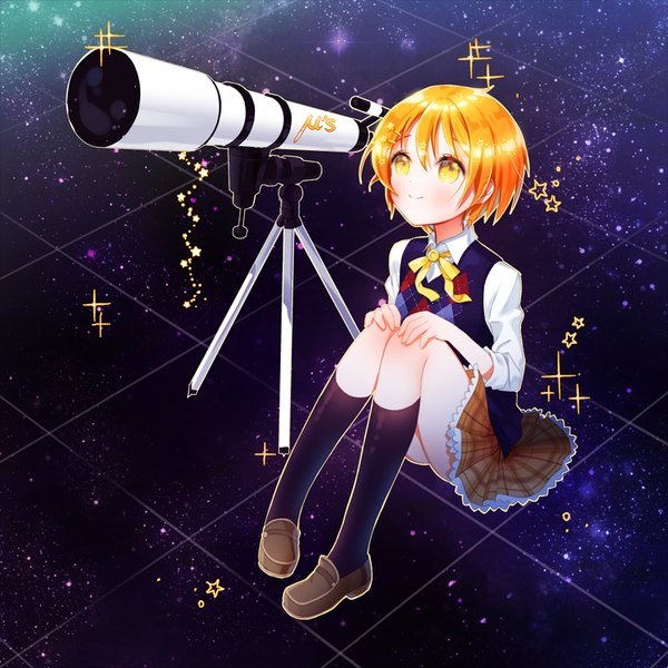Anime picture 800x800 with love live! school idol project sunrise (studio) love live! hoshizora rin rarumi single blush short hair smile sitting yellow eyes full body from above orange hair sparkle happy looking up space knees touching girl