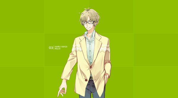 Anime picture 1282x706 with tsukiuta yayoi haru tagme (artist) single looking at viewer short hair blonde hair simple background smile wide image mole official art mole under eye open collar hand in pocket green background boy shirt glasses blazer