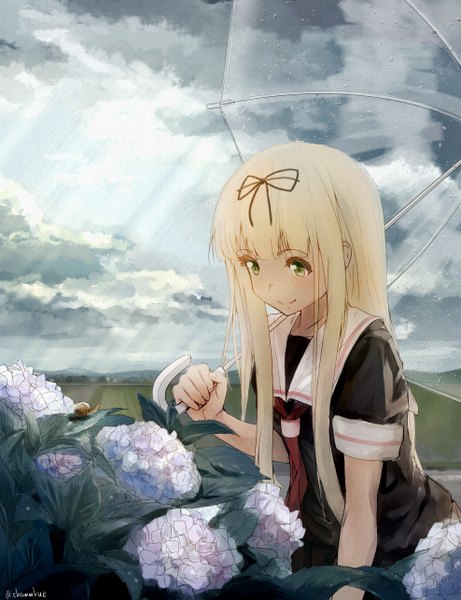 Anime picture 988x1285 with kantai collection yuudachi destroyer chamu (chammkue) single long hair tall image blush fringe blonde hair smile standing holding green eyes signed payot looking away sky cloud (clouds) outdoors sunlight