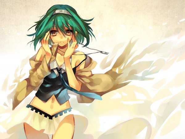 Anime picture 1920x1440 with tibino highres short hair brown eyes green hair girl skirt necktie jacket hairband