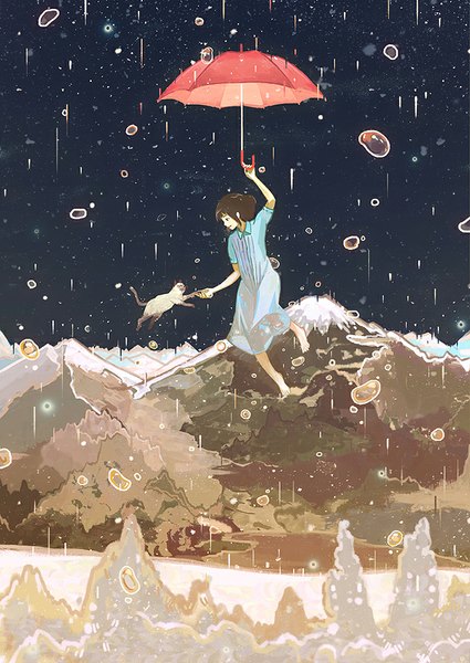Anime picture 637x900 with original gemi single tall image short hair open mouth smile brown hair holding looking away sky profile barefoot rain mountain flying river girl dress plant (plants)