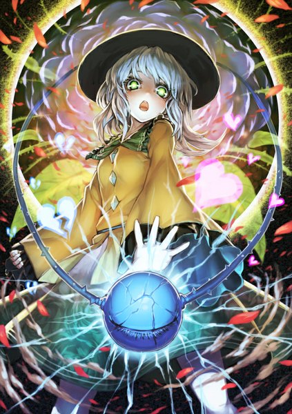 Anime picture 595x842 with touhou komeiji koishi benitama single tall image looking at viewer fringe short hair open mouth green eyes grey hair wide sleeves from below outstretched arm magic girl hat petals blouse eye
