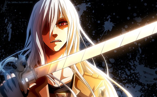 Anime picture 1024x635 with shingeki no kyojin production i.g nisesk single long hair looking at viewer fringe open mouth simple background red eyes wide image white hair open clothes open jacket cosplay boy gloves weapon sword jacket
