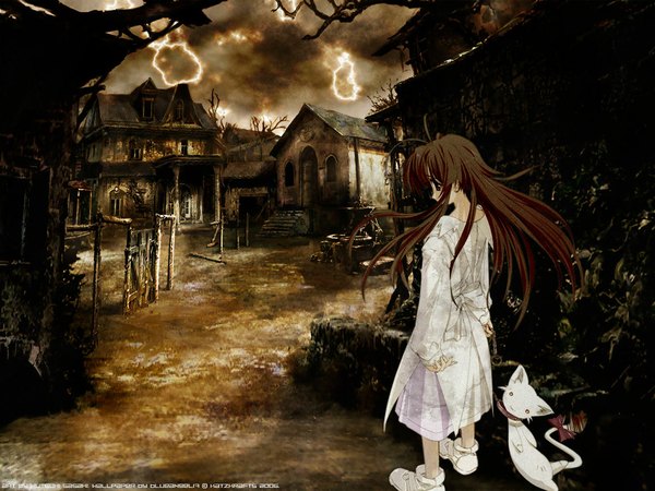 Anime picture 1152x864 with original sasaki mutsumi blueangel17 single long hair brown hair brown eyes signed outdoors sleeves past wrists third-party edit polychromatic 2006 girl animal building (buildings) cat collar lead