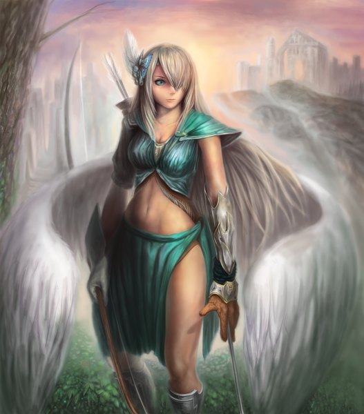 Anime picture 2866x3265 with original occult soda single long hair tall image fringe highres breasts light erotic blonde hair sky cleavage cloud (clouds) lips hair over one eye realistic midriff legs angel wings fantasy