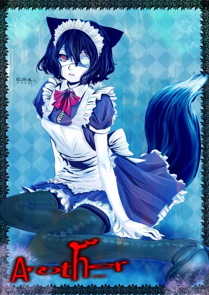 Anime picture 1000x1408 with another p.a. works misaki mei nobusaga41 single tall image short hair black hair red eyes animal ears animal tail maid blue background kemonomimi mode girl thighhighs black thighhighs headdress maid headdress eyepatch