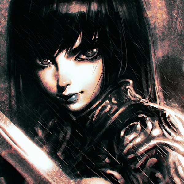 Anime picture 900x900 with original ilya kuvshinov single long hair looking at viewer fringe lips dark background rain eyebrows girl weapon sword armor
