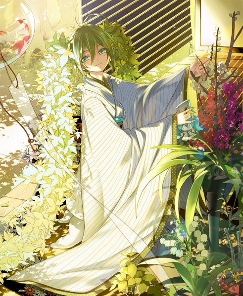 Anime picture 1227x1500 with vocaloid hatsune miku hoshii hisa single long hair tall image blush smile looking away nail polish traditional clothes japanese clothes hair flower aqua eyes green hair sunlight revision girl hair ornament flower (flowers)