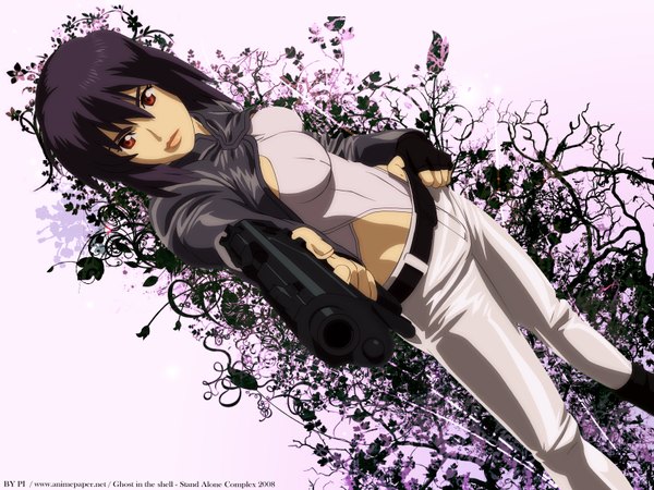 Anime picture 1600x1200 with ghost in the shell ghost in the shell: stand alone complex production i.g kusanagi motoko single looking at viewer fringe breasts hair between eyes red eyes signed purple hair third-party edit foreshortening 2008 girl weapon gun pistol