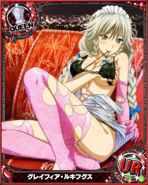 Anime picture 640x800 with highschool dxd grayfia lucifuge single long hair tall image blush breasts light erotic looking away braid (braids) grey hair grey eyes torn clothes card (medium) girl thighhighs gloves bow hair bow elbow gloves