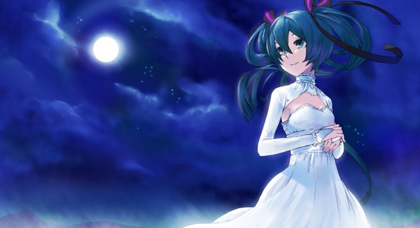Anime picture 1980x1080 with vocaloid hatsune miku single long hair highres blue eyes smile wide image twintails blue hair sky cloud (clouds) night night sky girl dress ribbon (ribbons) hair ribbon white dress star (stars)