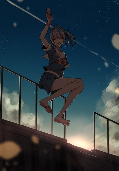 Anime picture 2200x3147 with kantai collection yuubari light cruiser no.734 single tall image highres short hair sitting sky silver hair full body ponytail eyes closed barefoot bare legs evening sunset girl skirt uniform