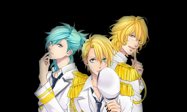 Anime picture 1000x600 with uta no prince-sama a-1 pictures kurusu shou shinomiya natsuki mikaze ai 30 (pixiv562717) long hair looking at viewer short hair blue eyes blonde hair simple background wide image green eyes nail polish aqua eyes light smile aqua hair multiple boys black background