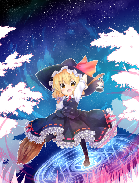 Anime picture 2311x3045 with touhou kirisame marisa tobi (nekomata homara) single tall image highres short hair open mouth blonde hair yellow eyes magic girl dress bow hair bow hat frills broom magic circle