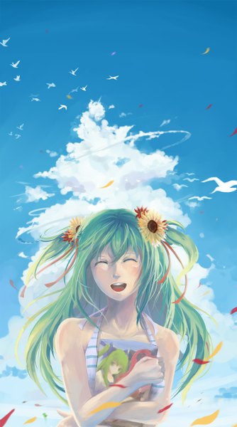 Anime picture 1392x2500 with vocaloid hatsune miku yupi single long hair tall image blush fringe open mouth sky cloud (clouds) eyes closed hair flower wind aqua hair alternate costume happy alternate hairstyle girl hair ornament