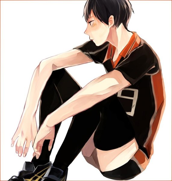 Anime picture 795x835 with haikyuu!! production i.g kageyama tobio mii (sogemasaru) single tall image blush short hair black hair simple background white background sitting looking away profile black eyes thighhighs boy uniform black thighhighs gym uniform