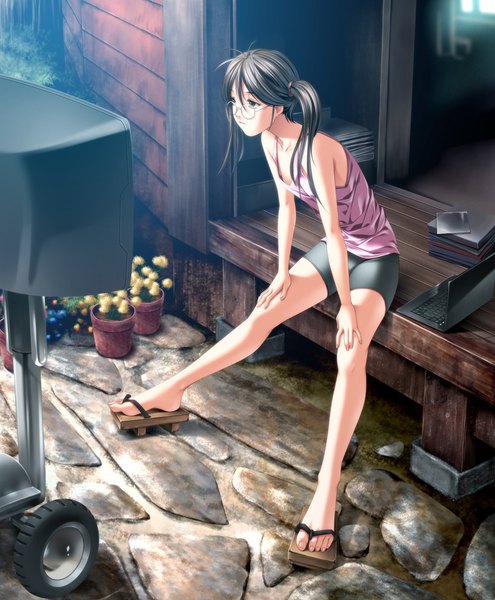 Anime picture 825x1000 with original rezi single long hair tall image black hair sitting twintails bare shoulders looking away black eyes bare legs leaning spread legs leaning forward short twintails hand on knee girl flower (flowers) plant (plants)