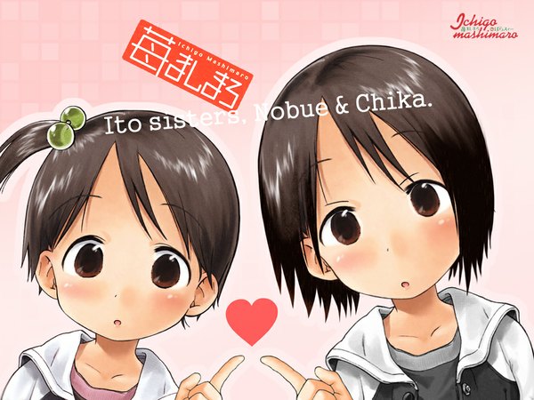 Anime picture 1024x768 with ichigo mashimaro itou chika itou nobue barasui short hair brown hair multiple girls wallpaper siblings sisters girl 2 girls heart