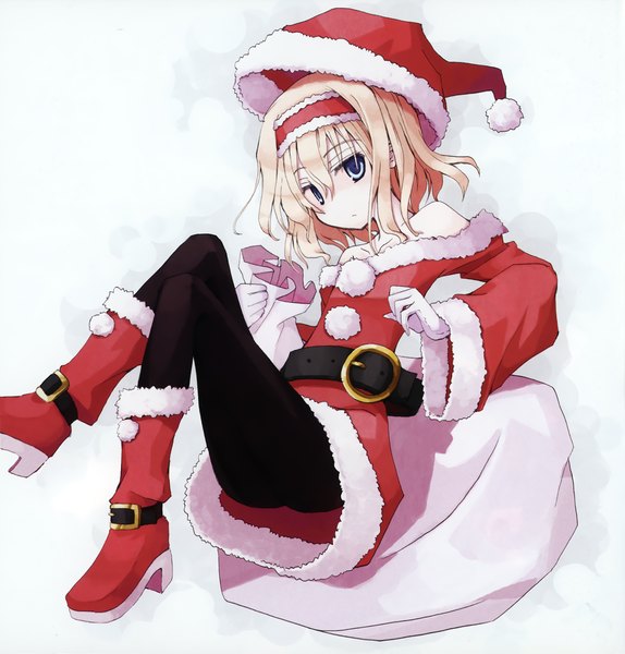 Anime picture 2048x2142 with touhou alice margatroid mochikin (jijijin) single tall image highres short hair blue eyes simple background blonde hair white background bare shoulders legs fur trim christmas girl gloves boots hairband fur
