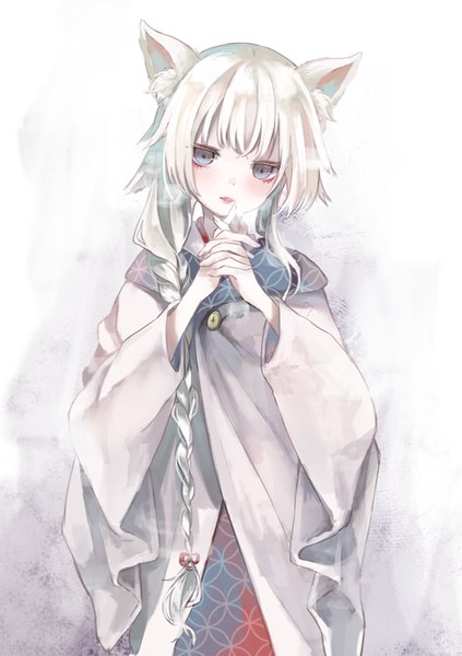 Anime picture 595x842 with original oro ponzu single long hair tall image looking at viewer blush blue eyes simple background animal ears upper body white hair braid (braids) traditional clothes parted lips head tilt japanese clothes light smile lips fox ears