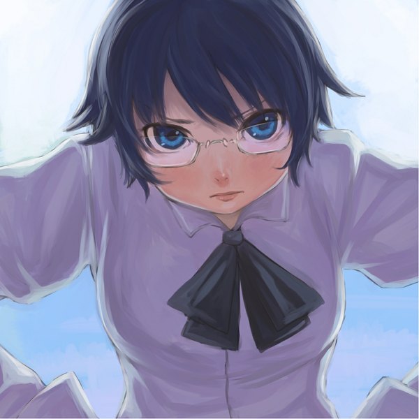 Anime picture 1029x1029 with katawa shoujo hakamichi shizune bukimi isan single looking at viewer blush short hair blue eyes simple background blue hair hands on hips girl uniform bow school uniform shirt glasses