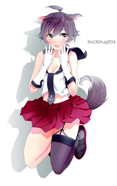 Anime picture 1574x2500 with kantai collection sakawa light cruiser tebi (tbd11) single tall image blush open mouth simple background smile white background bare shoulders signed animal ears looking away ahoge tail :d animal tail pleated skirt teeth