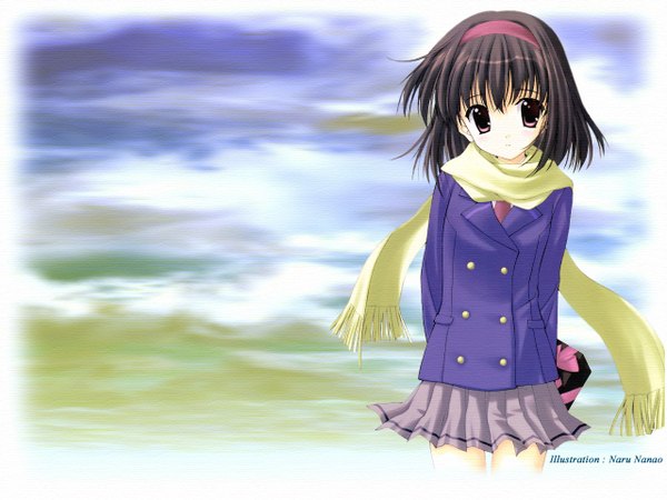 Anime picture 1280x960 with original nanao naru single looking at viewer short hair black hair standing brown eyes signed pleated skirt winter girl skirt uniform school uniform scarf coat