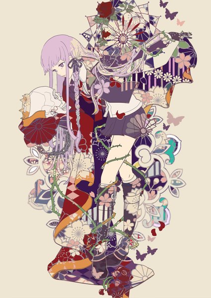 Anime picture 1281x1810 with dangan ronpa kirigiri kyouko bourbone single long hair tall image fringe purple eyes payot purple hair braid (braids) leaning leaning forward tears outstretched arm side braid kikumon girl flower (flowers) plant (plants)