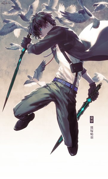 Anime picture 530x878 with original tamahagane gakuen touransai robinexile single tall image fringe short hair blue eyes black hair signed looking away jumping boy gloves weapon animal sword black gloves belt bird (birds)