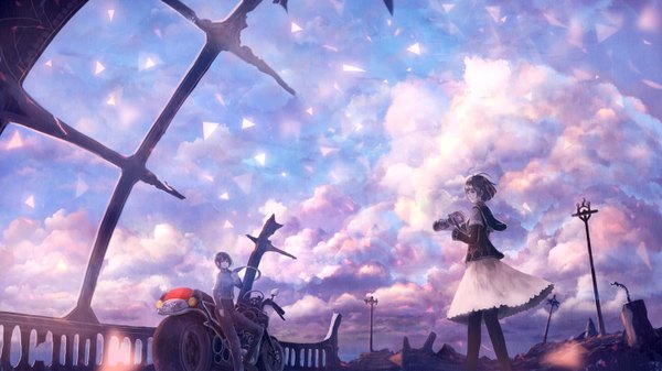 Anime picture 1440x810 with original bounin long hair fringe short hair smile brown hair wide image standing multiple girls holding looking away sky cloud (clouds) bent knee (knees) ponytail ruins girl dress 2 girls