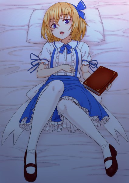 Anime picture 1200x1695 with touhou alice margatroid kakone single tall image looking at viewer fringe short hair open mouth blue eyes blonde hair hair between eyes full body lying short sleeves on back puffy sleeves frilly skirt adapted costume girl