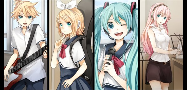 Anime picture 1240x600 with project diva project diva 2nd vocaloid hatsune miku megurine luka kagamine rin kagamine len tama (songe) long hair looking at viewer blush short hair open mouth blonde hair wide image twintails multiple girls pink hair nail polish aqua eyes