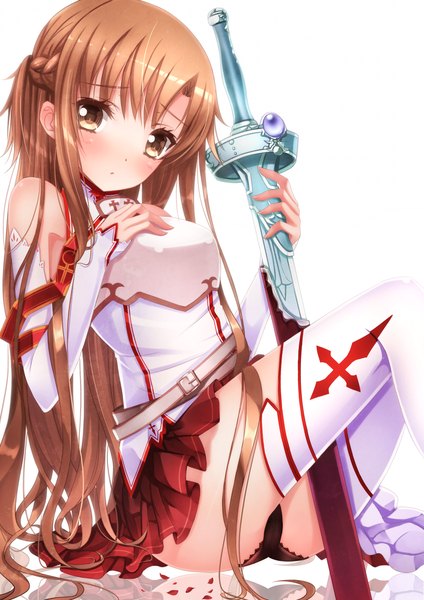 Anime picture 992x1403 with sword art online a-1 pictures yuuki asuna swordsouls single long hair tall image blush light erotic simple background brown hair white background brown eyes pleated skirt pantyshot embarrassed zettai ryouiki pantyshot sitting soft beauty girl