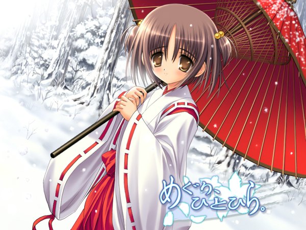 Anime picture 1600x1200 with meguri hitohira norita single short hair brown hair brown eyes japanese clothes snowing winter snow miko girl umbrella oriental umbrella