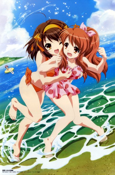 Anime picture 1158x1755 with suzumiya haruhi no yuutsu kyoto animation suzumiya haruhi asahina mikuru ikeda shouko tall image light erotic breast grab girl swimsuit bikini red bikini