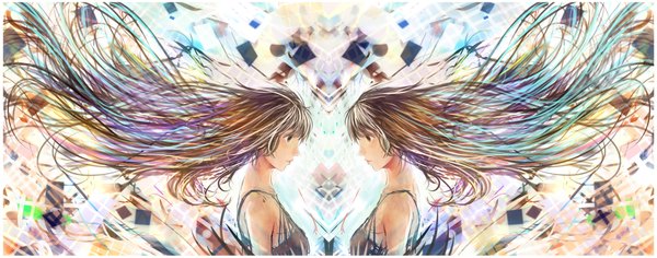 Anime picture 2000x789 with original bounin long hair highres brown hair wide image bare shoulders multiple girls brown eyes green eyes pink hair purple hair profile multicolored hair wind aqua hair grey eyes light reflection checkered background