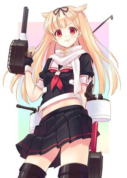 Anime picture 855x1200 with kantai collection yuudachi destroyer yuudachi (kantai collection) yuudachi (kancolle) hyuuga azuri single long hair tall image looking at viewer blush blonde hair red eyes remodel (kantai collection) girl skirt weapon scarf