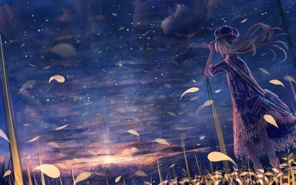 Anime picture 1152x720 with original bounin single long hair wide image standing sky cloud (clouds) wind back evening sunset girl dress plant (plants) hat petals boots star (stars)