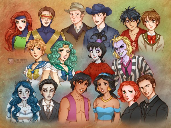 Anime picture 1024x768 with bishoujo senshi sailor moon x-men aladdin beetlejuice corpse bride brokeback mountain the x-files toei animation disney kaiou michiru tenou haruka sailor neptune sailor uranus jasmine cyclops (character) daekazu (artist) long hair short hair black hair blonde hair