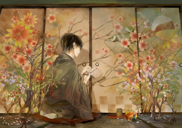 Anime picture 2800x1980 with original q pixiv: free nagata ozu highres short hair black hair full body japanese clothes reading dreaming boy flower (flowers) animal petals bird (birds) book (books) cup tray sliding doors japanese house