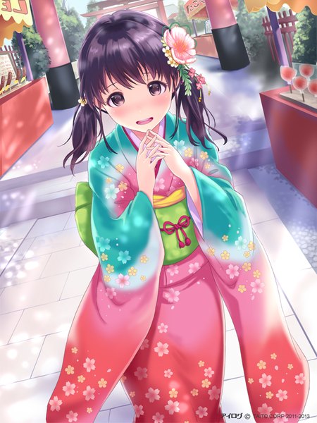 Anime picture 640x853 with ilog akiyama minaki occhan single long hair tall image looking at viewer blush fringe open mouth brown hair standing twintails outdoors long sleeves traditional clothes japanese clothes pink eyes hair flower sunlight