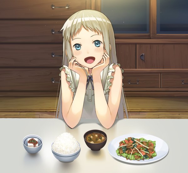 Anime picture 1692x1552 with ano hi mita hana no namae wo bokutachi wa mada shiranai a-1 pictures honma meiko yamamoto shima single long hair open mouth blue eyes white hair girl food sundress table