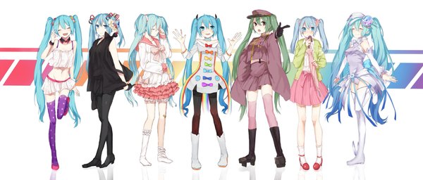 Anime picture 2170x928 with project diva project diva f 2nd vocaloid senbonzakura (vocaloid) lol -lots of laugh- (vocaloid) melt (vocaloid) redial (vocaloid) spica (vocaloid) yubikiri (vocaloid) glory 3usi9 (vocaloid) hatsune miku moegi0926 looking at viewer blush highres open mouth wide image twintails multiple girls eyes closed