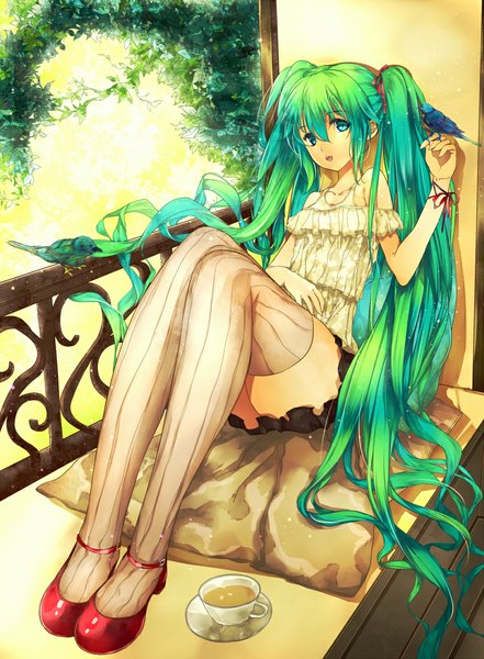 Anime picture 808x1100 with vocaloid hatsune miku modern afro single tall image fringe open mouth blue eyes twintails indoors very long hair green hair alternate costume zettai ryouiki legs reclining girl thighhighs ribbon (ribbons) plant (plants)