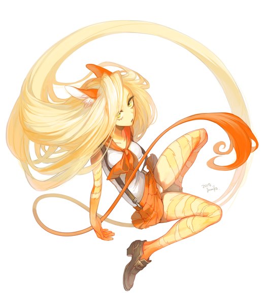 Anime picture 1315x1500 with original single long hair tall image looking at viewer simple background blonde hair animal ears yellow eyes tail pleated skirt fox ears yellow background girl skirt suspenders