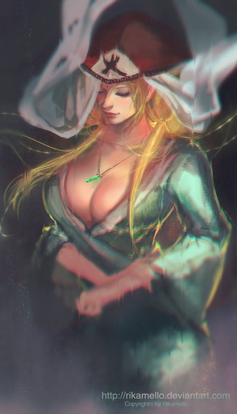 Anime picture 800x1397 with naruto studio pierrot naruto (series) tsunade rikamello single long hair tall image breasts light erotic simple background blonde hair signed eyes closed realistic hokage girl headdress pendant crystal
