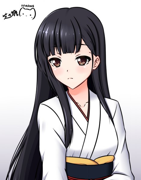 Anime picture 704x900 with original nagi-the-cheese (ppshex) single long hair tall image blush fringe black hair simple background brown eyes upper body traditional clothes japanese clothes girl kimono