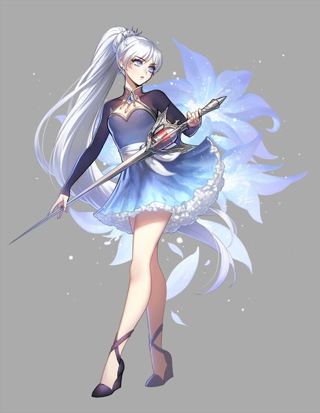 Anime picture 690x889 with rwby rooster teeth weiss schnee ein lee (einlee) single long hair tall image breasts blue eyes looking away full body white hair long sleeves very long hair parted lips official art high heels legs cleavage cutout girl