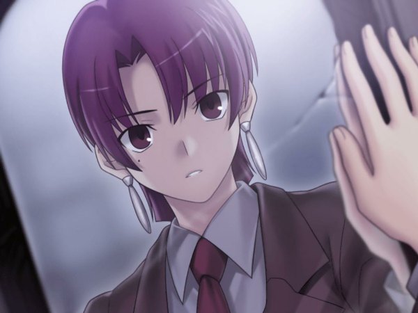 Anime picture 1024x768 with fate (series) fate/stay night fate/unlimited codes studio deen type-moon bazett fraga mcremitz higurashi ryuuji pink hair reflection formal resizing artifacts earrings necktie jewelry suit mirror