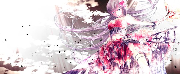 Anime picture 1500x621 with amakura (islit) single long hair looking at viewer blush blue eyes wide image bare shoulders sky cleavage purple hair cloud (clouds) hair flower looking down serious weightlessness girl thighhighs dress hair ornament